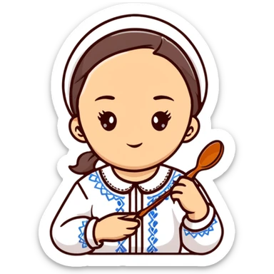 Ukrainian young girl in a white embroidered traditional shirt holding cooking tools like spoon and ladle sticker