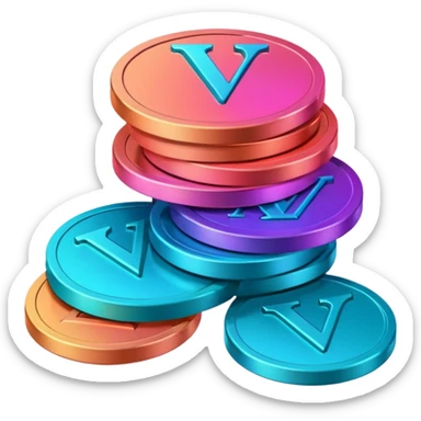 Stack of coins in gradient of turquoise, blue, pink, purple, and coral color with V letter sticker