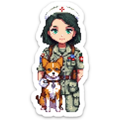 military girl, a medic with a small dog sticker