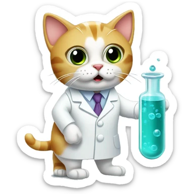 Cat in lab coating with shocked expression holding a vial sticker