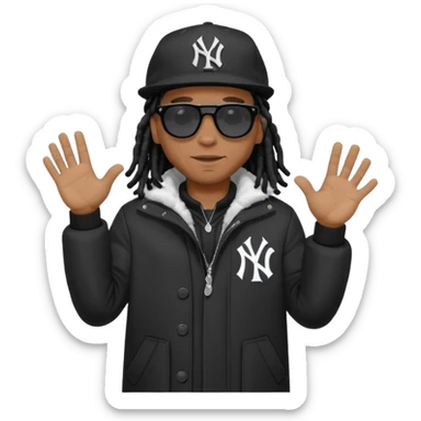 African American man with shoulder length black dreadlocks wearing black sunglasses with black bubble winter coat wearing a New York Yankees baseball hat with hands out sticker