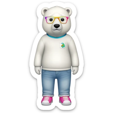 friendly anthropomorphised polar bear standing upright, looking chilled and unbothered, wearing a shirt, jeans, trainers, colorful glasses sticker