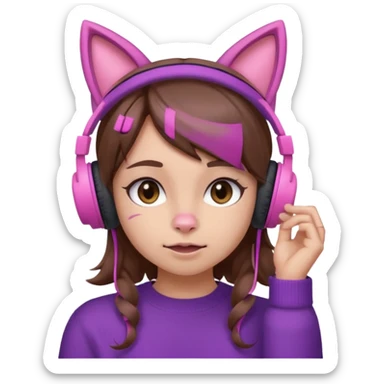 une fille avec des écouteurs de chat rose et des cheveux brun qui fais une grimasse chandaille mauve sticker
