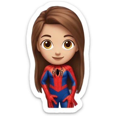 Girl with brown hair and spider-man suit sticker