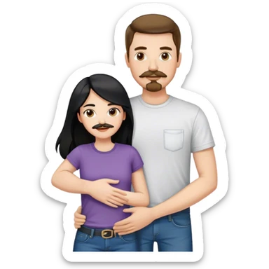 tall white man with brown hair goatee mustache wearing t-shirt and jeans hugging a shorter white woman with long black hair sticker