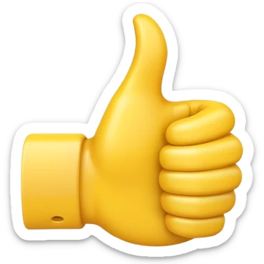 Apple-style 3D illustration of a single yellow emoji hand giving a thumbs up gesture, glossy and rounded, centered on a clean white background, soft shadow underneath, isolated and minimal design sticker