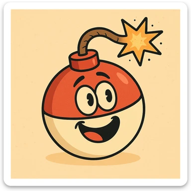 Illustration of a bomb shaped like a fishing bobber, with a fuse and bold outlines, flat toon style, simple and colorful, playful sticker