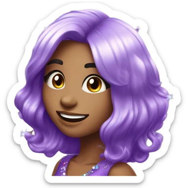one girl with purple diamond hair made from purple crystals or diamonds or jewels, she is feeling happy and elated and excited, make her hair shiny with prisms and angles and edges, now make her hair crystallized, make her hair only crystals no real hair sticker