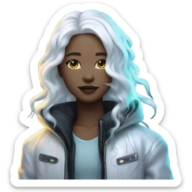 Person with long, flowing white hair, wearing a futuristic jacket with neon accents, a serene expression, surrounded by glowing stars and sparkles, evoking a cyberpunk and ethereal aesthetic. sticker