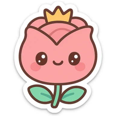 round smiling rose with a crown, cartoonish and cute, kawaii style sticker