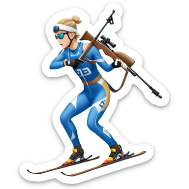 An icon featuring snow-covered trees, distant mountains, and a clear blue sky with a biathlete in motion, holding a rifle and skiing across a snowy course. Transparent background highlights the precision, endurance, and excitement of biathlon. sticker