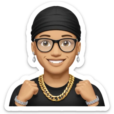 lightskin man with a black durag,a cuban link chain,glasses, and smiling flexing diamond studded grillz  sticker