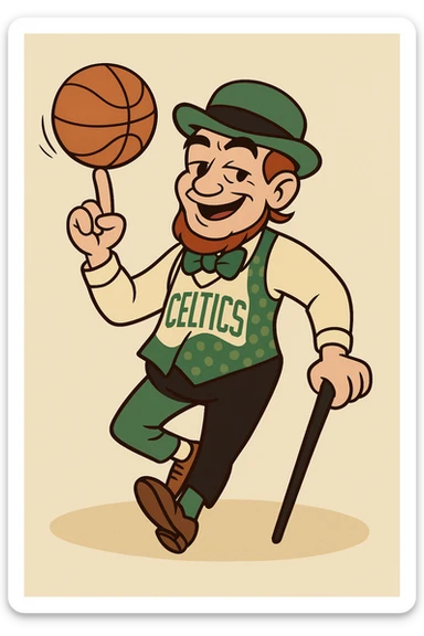 Boston Celtics mascot Lucky the Leprechaun spinning a basketball, cartoon style, green suit, energetic pose sticker