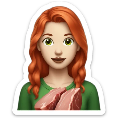 vegan woman white skin red hair green eyes holding meat sticker