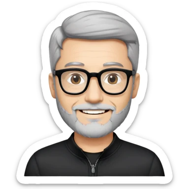 Fair-skinned man with short black hair styled upward, short graying beard, large black-framed glasses, smiling, wearing black long sleeve shirt with zip at neck sticker