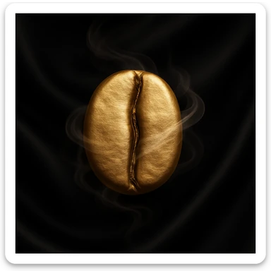 a single golden coffee bean, highly detailed and realistic, clean minimalist luxurious elegant style, bean wrapped in soft swirling mist evoking warmth and aroma of freshly brewed coffee, highest resolution, suitable for logo and branding, inspired by reference image, luxurious black satin background with transparent edges sticker