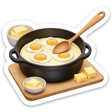 A carton of eggs, butter and a cream ceramic baking bowl with a wooden spoon in it sticker
