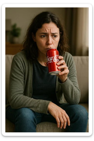 donna con ansia. Che beve coca cola. Immagini realistiche sticker