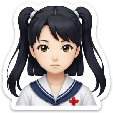 Serious anime girl with long black hair in high ponytail wearing Japanese sailor style school uniform, stern expression, kawaii style sticker