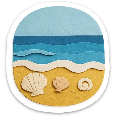 view of the ocean from the beach with sand, shells, and gentle waves in paper-craft style sticker
