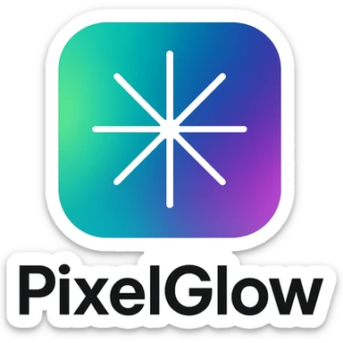 modern minimal logo for PixelGlow, rounded square with an aurora-style gradient background, central white geometric starburst symbolizing creativity and magic, clean, professional, and tech-friendly sticker