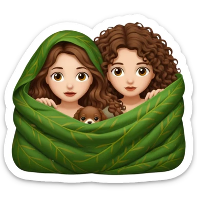 fake sleep pose — long wavy brown hair tattooed woman and short tight curly brown hair woman — peeking under leaf blanket sticker