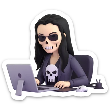 female Punisher skull character with long black hair working on computer sticker