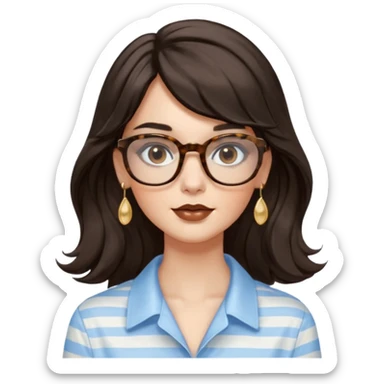 An emoji featuring a woman with long wavy dark brown hair and a whispy bang, wearing thick tortoise SQUARE glasses, gold drop earrings. She has long lashes and a nude browny glossy lipstick. She's wearing an oversize light blue shirt with white vertical strips. sticker