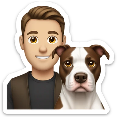 white male with dark brown hair standing alongside a white and brown pitbull sticker