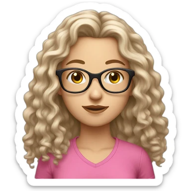 white girl with long curly hair and glasses in pink shirt sticker