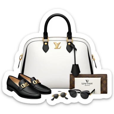 all BLACK AND WHITE 1 bag, and 1 glasses, 1 pair of shoes, and 1 watch rolex, all BLACK AND WHITE, and all luxury items like lv and prada, and rolex, and balenciaga sticker