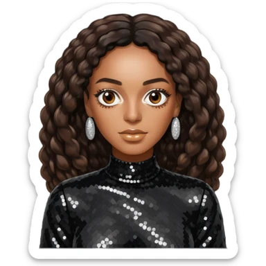 Solange with long dark brown hair, black sequin outfit sticker