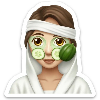 Girl with freackles Brown hair white skin and blue eyes wears Green colored texture skin care mask all over her face while She relaxes and puts two round piece of cucumber on her closed eyes In a white Robe sticker