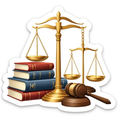 An icon featuring a gavel, scales of justice, and legal books, symbolizing law. The design includes a courthouse building in the background, representing the legal system and justice. Transparent background highlights the authority and structure of the law. sticker