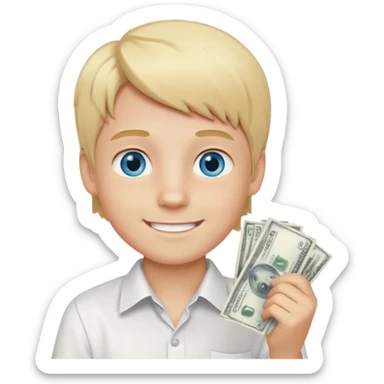 blonde boy, blue eyes, white shirt, holding money, smiling sticker