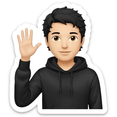 Now create man waveing with one hand with little bit wavey dark black hair with black hoodie on and make him light skin. his haircut is mid fade with hair on his forehead sticker