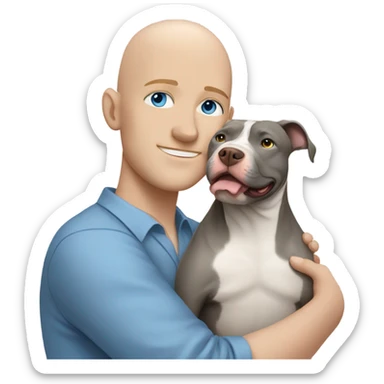 bald white man with blue eyes hugging grey pit bull sticker