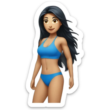 Spanish woman with long black hair, in a blue fitness bikini, with a number 5 circle button p sticker