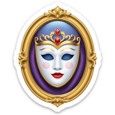 magic mirror on the wall from snow white. This is an oval mirror with golden borders with a white theater mask inside  sticker