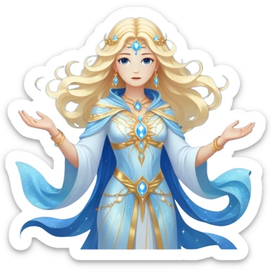 fullbody universe goddess Sophia, Ethereal Light Being, Made of starlight and fractals, Glowing white/gold skin with flowing translucent robes, Hair blue like galaxy mist, Jewelry made of stars and crystals sticker
