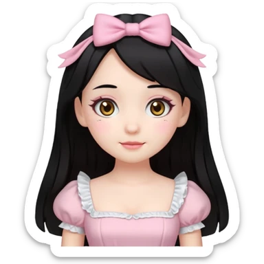 pale girl with medium length black hair, brown eyes, doll-like hime makeup, wearing a light pink hime dress, emoji style, winking sticker