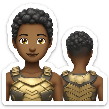 Uma deusa grega do cabelo loiro, olho cor de mel da pele branca e vestindo uma armadura que tem um decote em formato de V, e a armadura é dourada. sticker