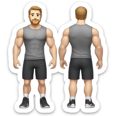 Full height Pale skinned muscular man With Realistic eyes and mouth, light brown hair and stubble In dark gray sleeveless mike, black oversize sports shorts, watch and white sneakers. sticker