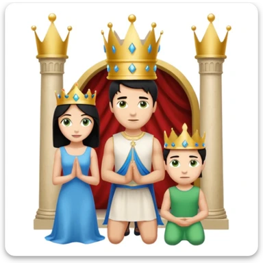 Man as king, standing, black Hair, blue eyes, simple woman, blonde, green eyes, shott white sleveless Dress, kneeling, background palace sticker