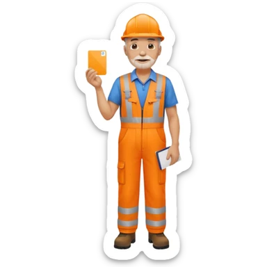 older engineer hi-vis orange overalls standing full body holding a card sticker