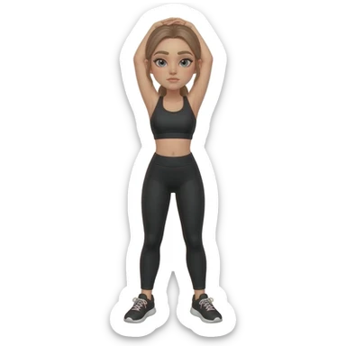 gentle bedtime stretch with sleepy mood, fair-skinned woman, gray-blue eyes, ash brown brows, ash light brown hair tied back, slim athletic body, black workout set, black sneakers with white soles sticker