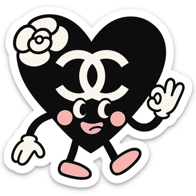 Chanel heart in pastel toon style, soft colors, black and white with a hint of pink, camellia flower accent sticker