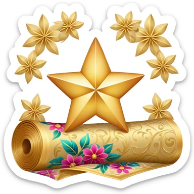 simple composition of a glowing sparkle or star shape in foreground with only a roll of patterned fabric behind it, no faces sticker