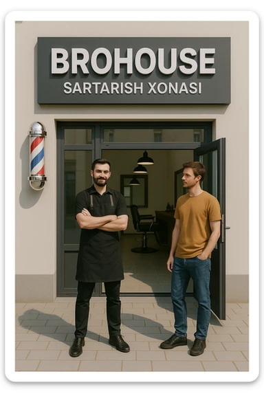 eni shu rasimga boyagi sartaosh oka eshik oldida tursin va tashqarida esa mijoz sticker