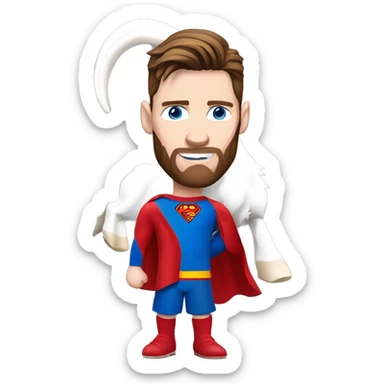 Messi holding a goat, redish hair redish beard, blue eyes, dressed as superman sticker
